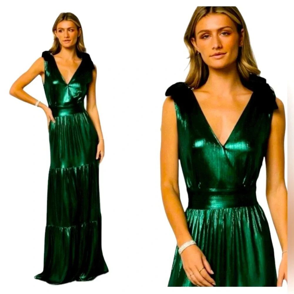 Sugarlips Emerald Green Metallic Tiered Maxi Dress Black Velvet Bow Straps Sz M